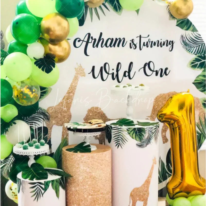 Lofaris Safari Monstera Gold Animals Wild One Round Backdrop