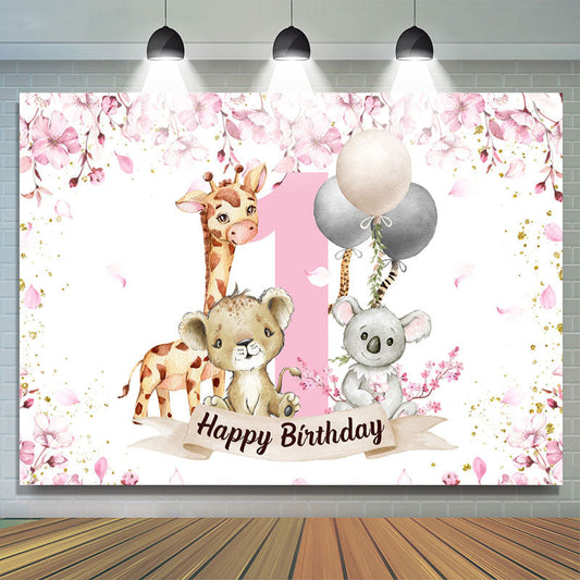 Lofaris Safari Pink Animals Happy 1st Birthday Backdrop