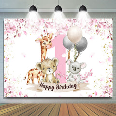 Lofaris Safari Pink Animals Happy 1st Birthday Backdrop