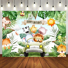 Lofaris Safari Wild Green Leaves Car Happy Birthday Backdrop