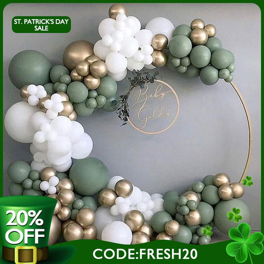(Ship In 24HR) Sage Green 137 Pack Diy Balloon Arch Kit | Balloon Arch Party Decorations - Gold | White
