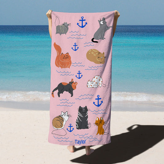 Lofaris Salty Cat Pink Custom Name Kids Beach Towel