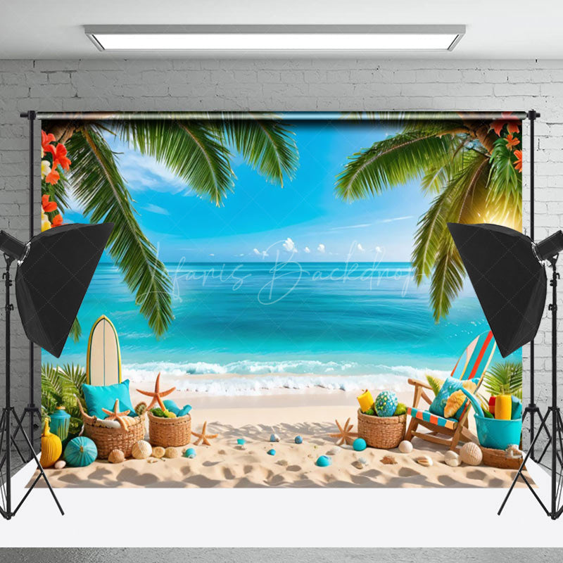 Shell Stand Backdrop Sandy Beach Palm Tree Starfish Shell Summer Backdrop - Lofaris