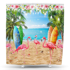 Lofaris Sandy Beach Surf Tree Flamingo Summer Shower Curtain