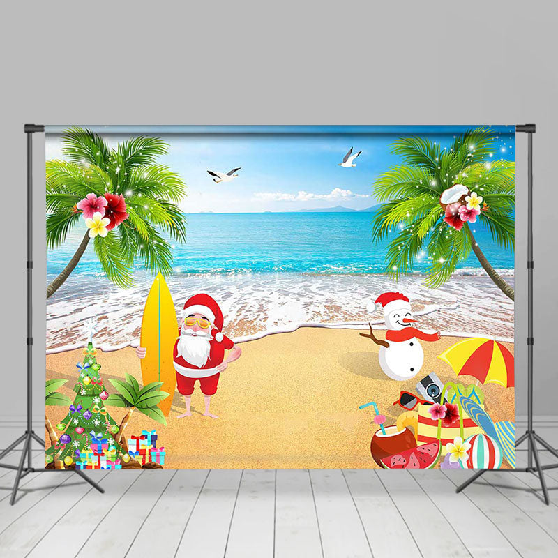 Lofaris Santa Snowman Beach Tree Christmas In July Backdrop