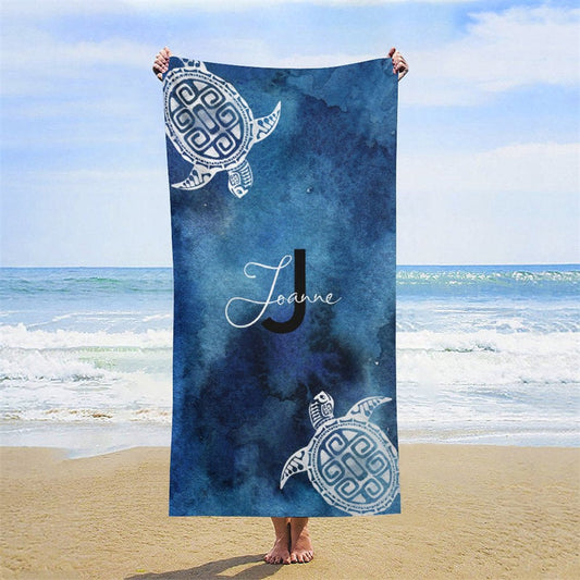 Lofaris Sfumato Blue Sea Turtle Custom Beach Towel with Name