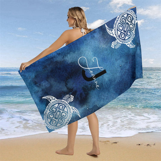 Lofaris Sfumato Blue Sea Turtle Custom Beach Towel with Name