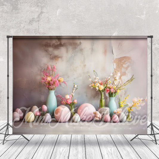 Lofaris Shabby Cement Wall Floral Eggs Photo Easter Backdrop