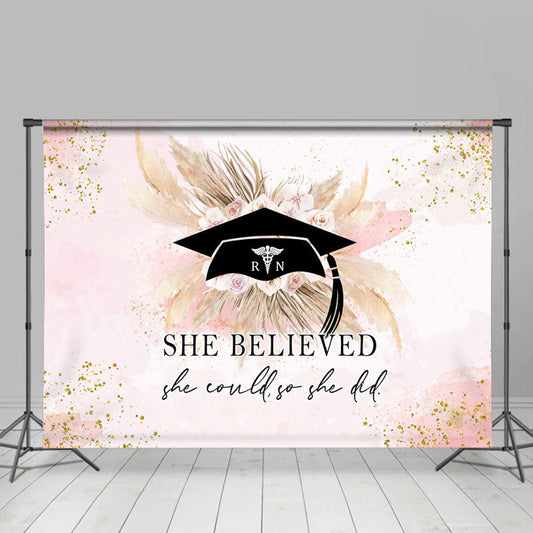 Lofaris She Believed Pink Floral Boho Graduation Backdrop