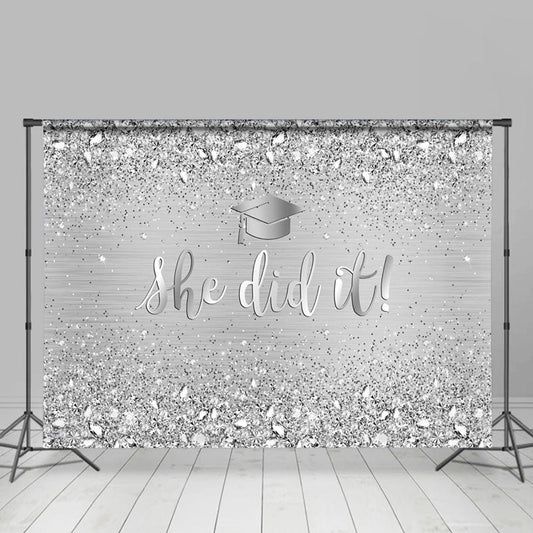 Lofaris She Did Glitter Silver Diamonds Graduation Backdrop