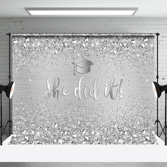 Lofaris She Did Glitter Silver Diamonds Graduation Backdrop
