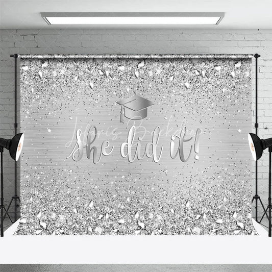 Lofaris She Did Glitter Silver Diamonds Graduation Backdrop