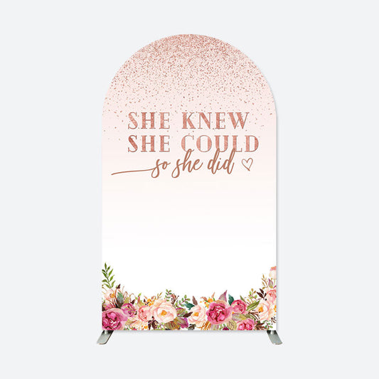 Lofaris She Did Pink Floral Glitter Arch Graduation Backdrop