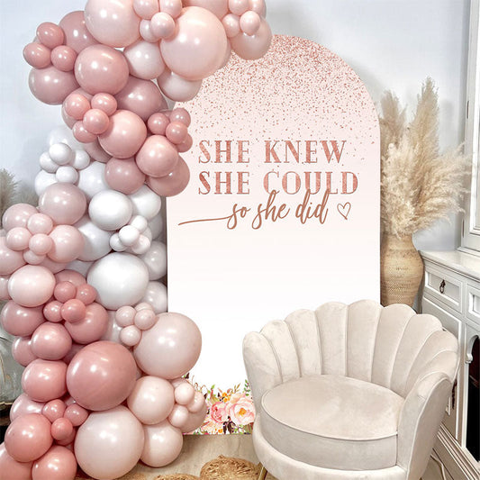 Lofaris She Did Pink Floral Glitter Arch Graduation Backdrop