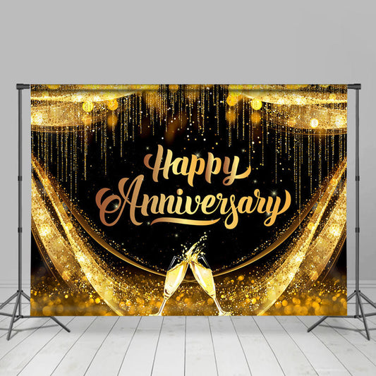 Lofaris Shiny Grand Black And Gold Happy Anniversary Backdrop