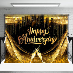 Lofaris Shiny Grand Black And Gold Happy Anniversary Backdrop