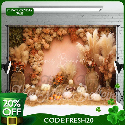 Lofaris (Ship In 24HR) Boho Floral Bulrush Pumpkin Photo Booth Backdrop