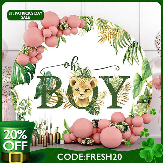 Lofaris (Ship In 24HR) Round Safari Lion Oh Baby Gender Reveal Backdrop