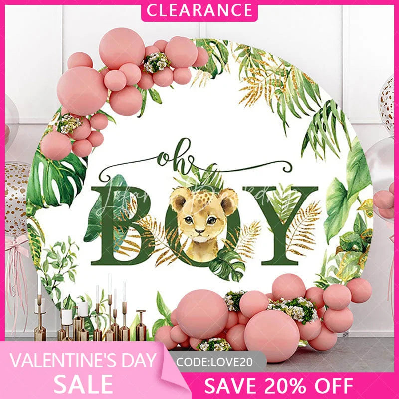 Lofaris (Ship In 24HR) Round Safari Lion Oh Baby Gender Reveal Backdrop