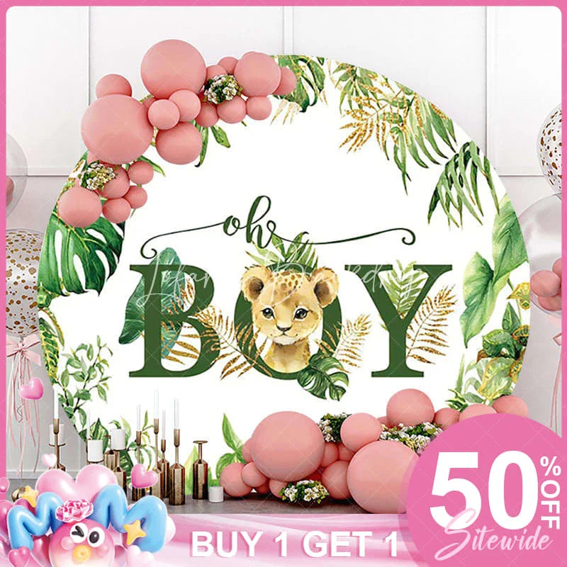 Lofaris (Ship In 24HR) Round Safari Lion Oh Baby Gender Reveal Backdrop