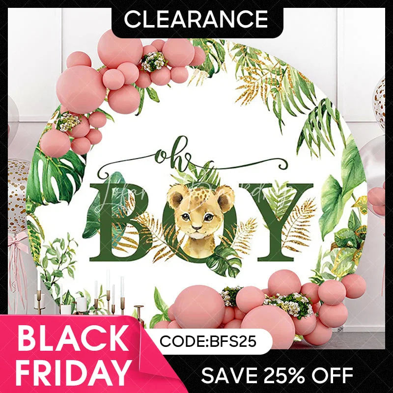 Lofaris (Ship In 24HR) Round Safari Lion Oh Baby Gender Reveal Backdrop