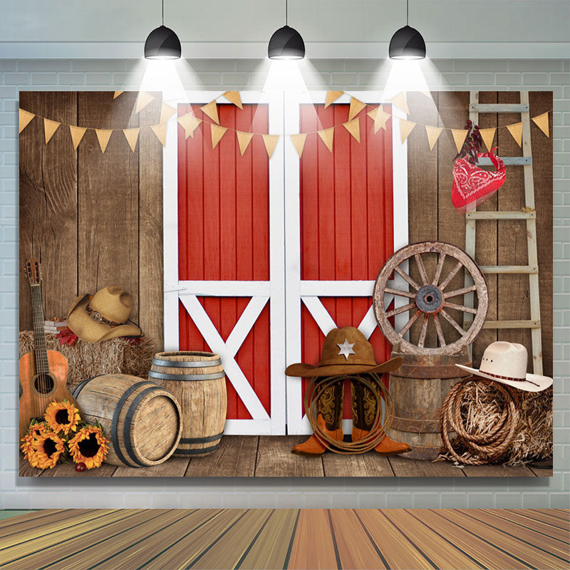 Lofaris (Ship In 24HR) Wooden Red gate cowboy theme sunflower backdrop for boy