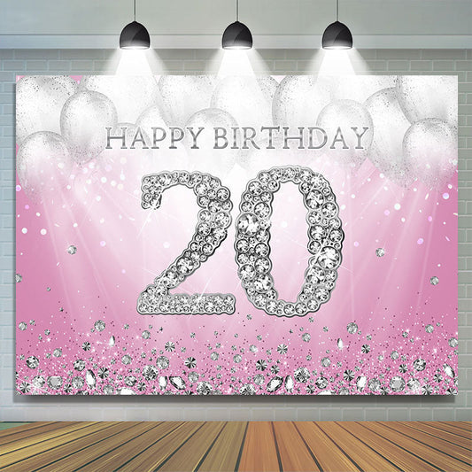 Lofaris Silver Balloons Diamonds Pink 20th Birthday Backdrop