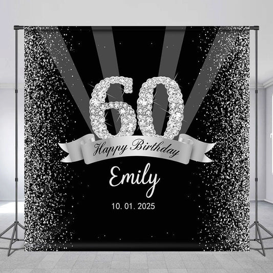 Lofaris Silver Black Glitter Custom 60th Birthday Backdrop