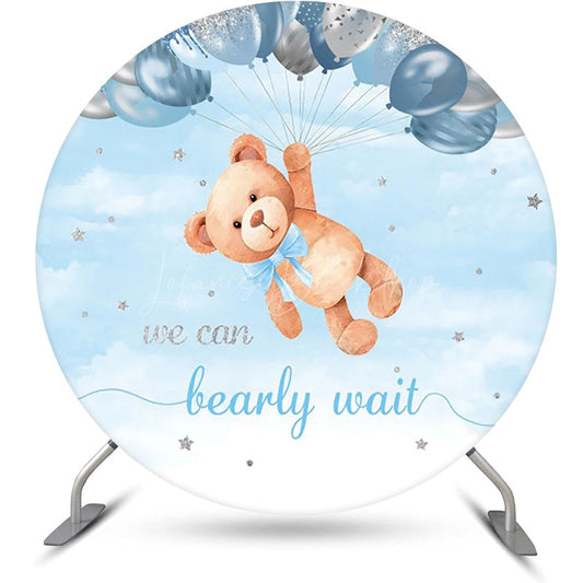 Lofaris Silver Blue Balloon Bear Round Baby Shower Backdrop