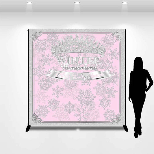 Lofaris Silver Frame Snowflake Pink Custom Baby Shower Backdrop