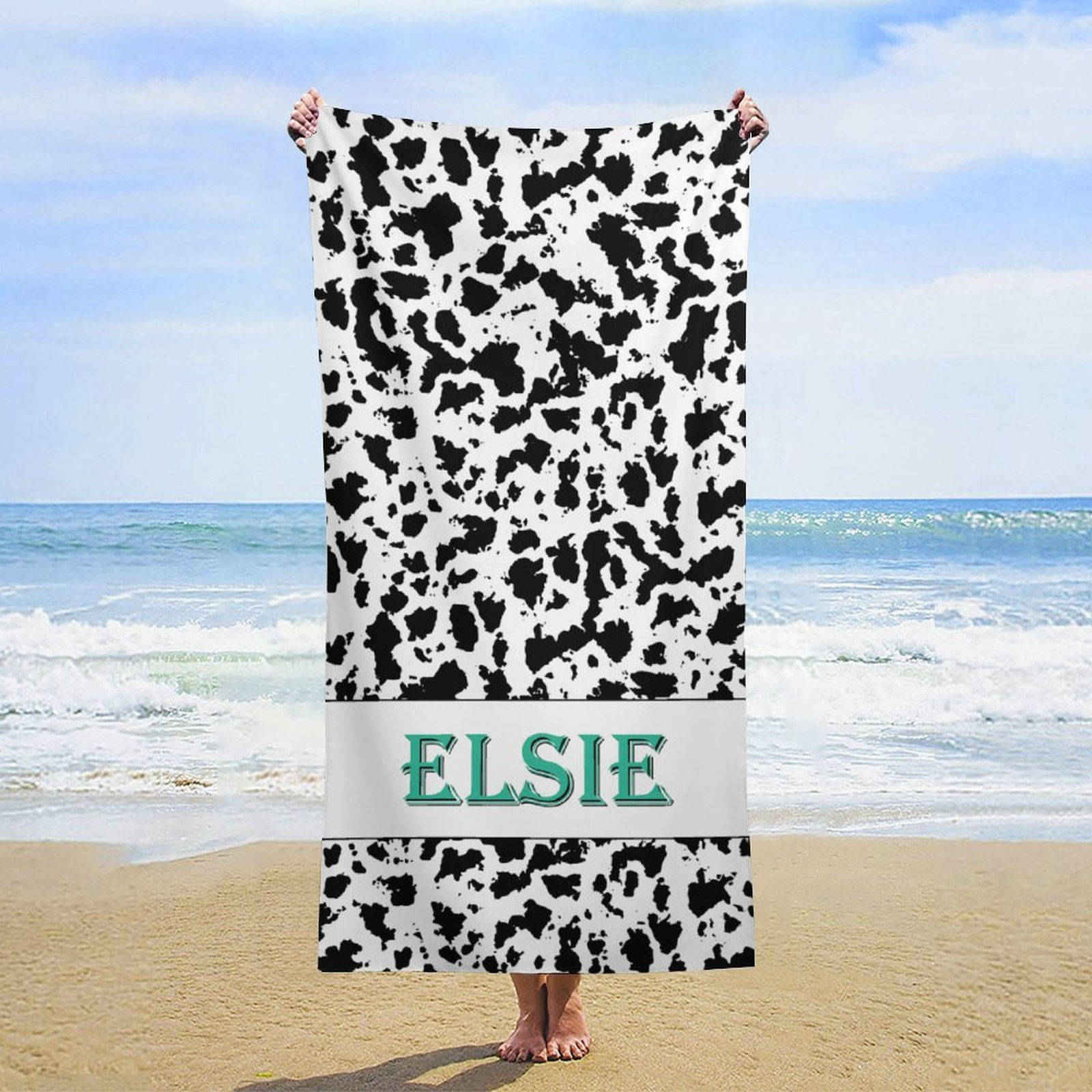 Lofaris Simple Black White Pattern Personalized Name Beach Towel
