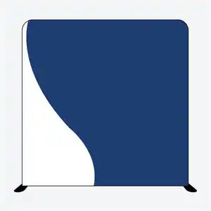 Simple curved backdrop display with a wavy design in navy blue and white.