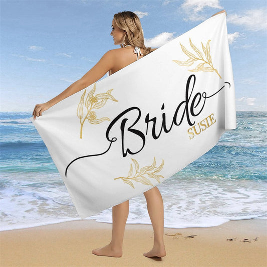 Lofaris Simple Custom Name Gold Leave Bride Beach Towel