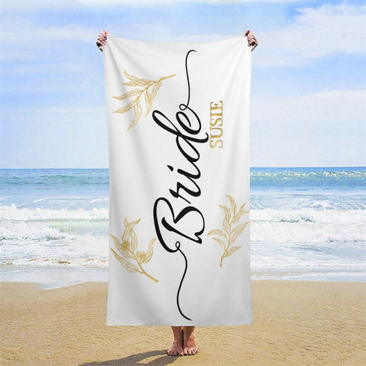 Lofaris Simple Custom Name Gold Leave Bride Beach Towel