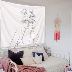 Lofaris Simple Drawing Flower Woman White Bedroom Tapestry
