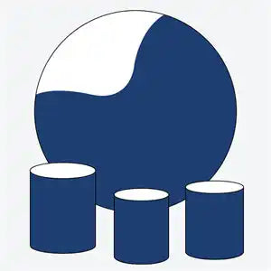 Simple geometric composition of a circular shape with three cylindrical forms below it in navy blue and white.