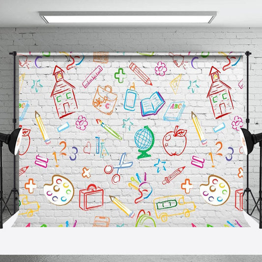 Lofaris Simple Lines White Brick Wall Back To School Backdrop