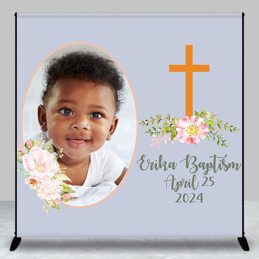Lofaris Simple Pink Floral Grey Custom Bapstim Backdrop