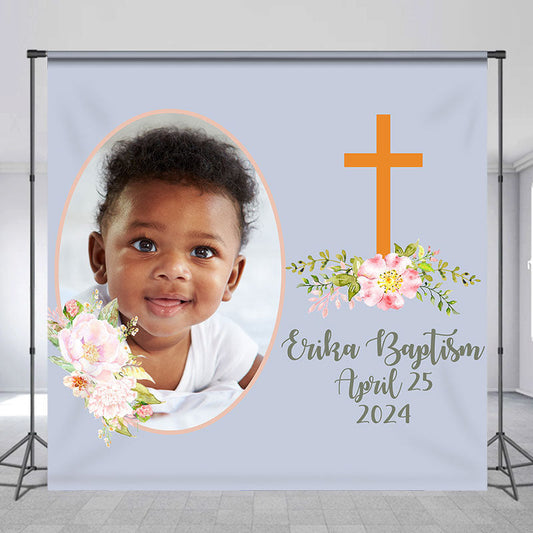 Lofaris Simple Pink Floral Grey Custom Bapstim Backdrop