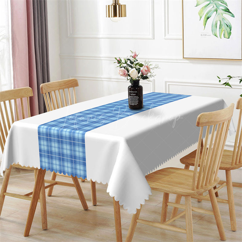 Lofaris Simple White Blue Checkered Rectangle Tablecloth