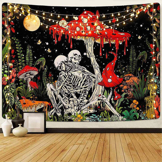 Lofaris Skeleton Couple Mushroom Green Plants Moon Tapestry