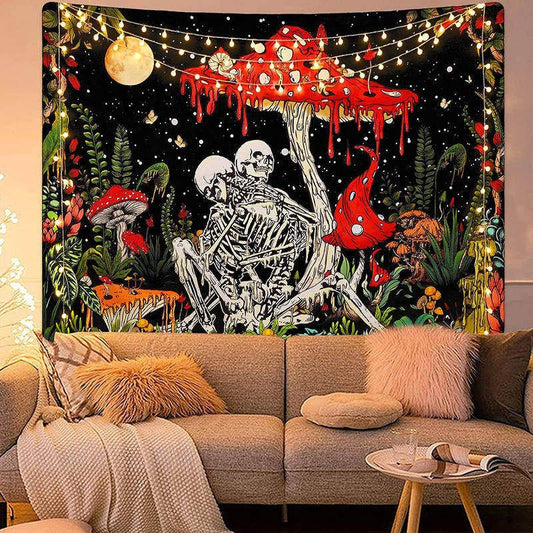 Lofaris Skeleton Couple Mushroom Green Plants Moon Tapestry