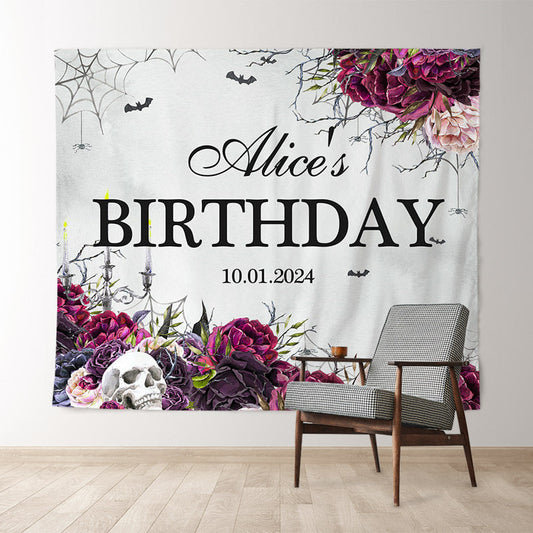 Lofaris Skull Floral Grey Custom Halloween Birthday Backdrop