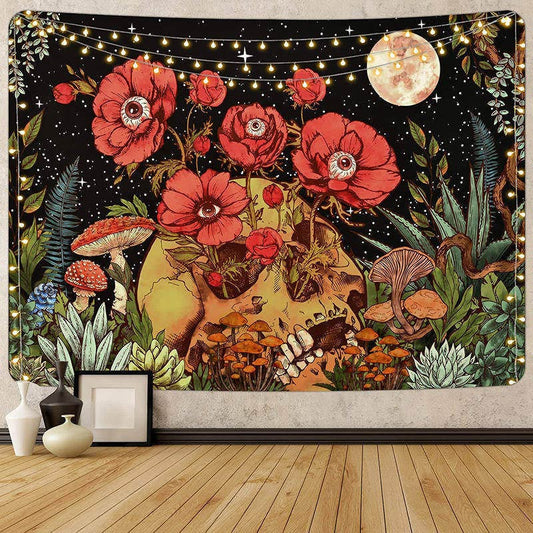 Lofaris Skull Red Flower Eyeball Leaves Night Moon Tapestry