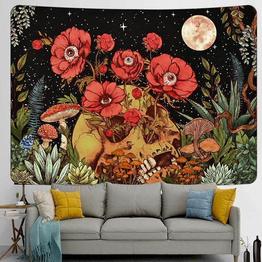 Lofaris Skull Red Flower Eyeball Leaves Night Moon Tapestry