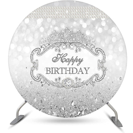Lofaris Sliver Glitter Crown Pearl Round Birthday Backdrop