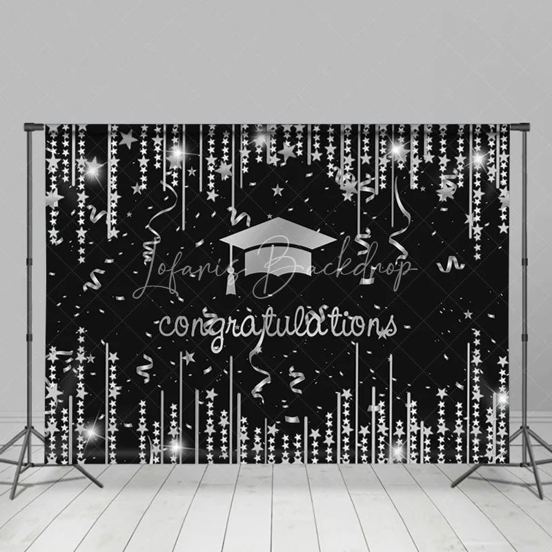 Lofaris Silver Glitter Star Congratulation Grad Black Backdrop
