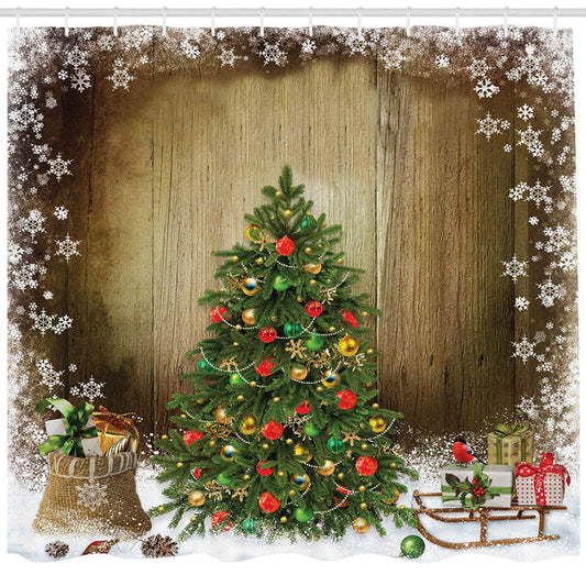 Lofaris Snow Green Cedar Gifts Wood Christmas Shower Curtain