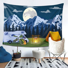 Lofaris Snow Mountain Forest Moon Night Camping Tapestry