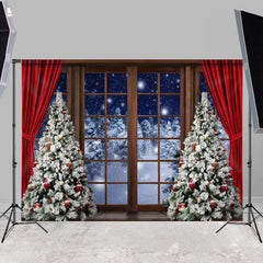 Lofaris Snow Outside The Window Red Curtain Winter Backdrop